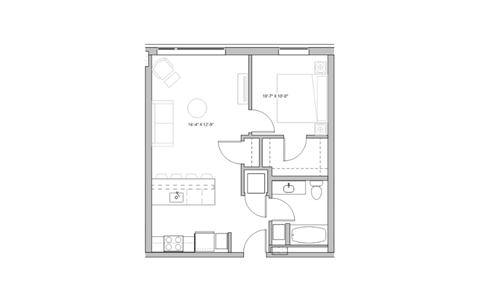Floor plan for 1 bed, 1 bath, 662 sqft